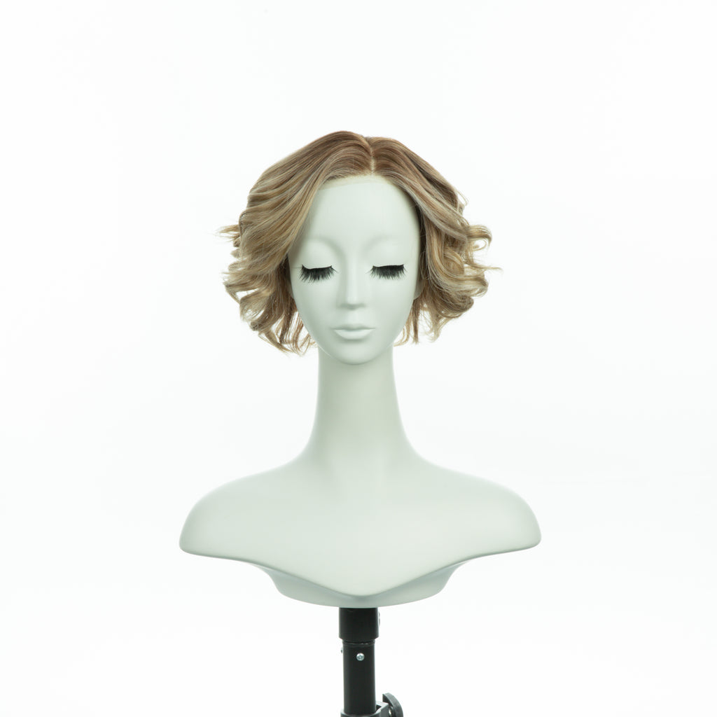 7-inch pearl blonde curly bob wig, front view on a mannequin