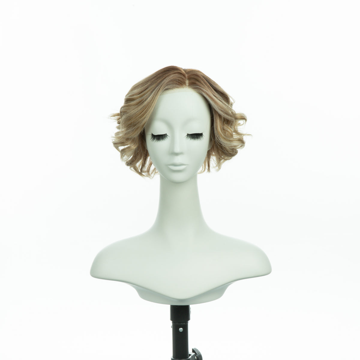 7-inch pearl blonde curly bob wig, front view on a mannequin