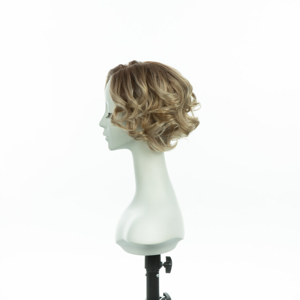 7-inch pearl blonde curly bob wig, profile facing left