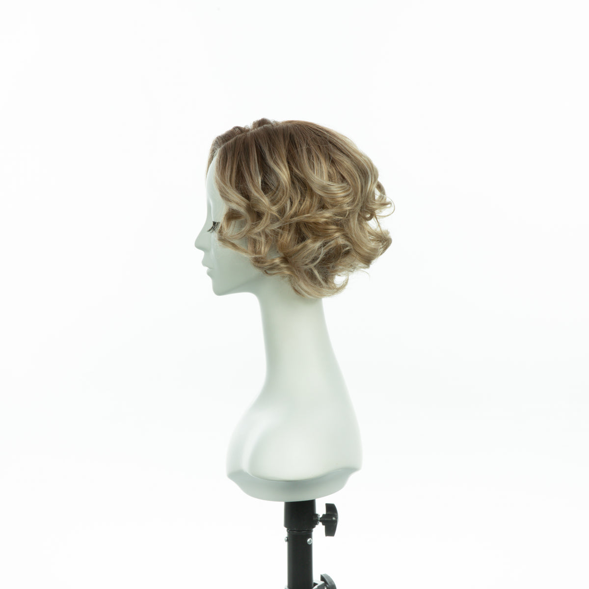 7-inch pearl blonde curly bob wig, profile facing left