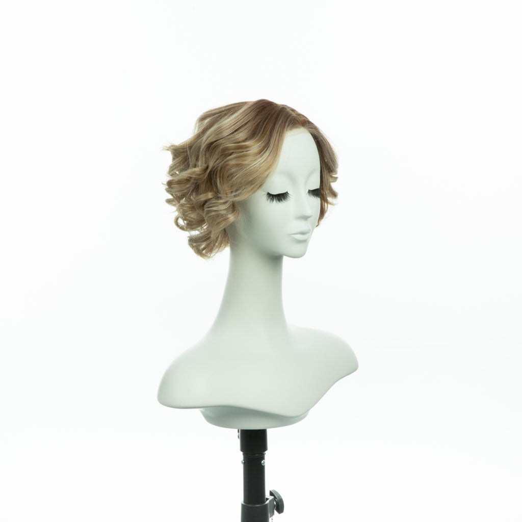 7-inch pearl blonde curly bob wig, three-quarter view facing right