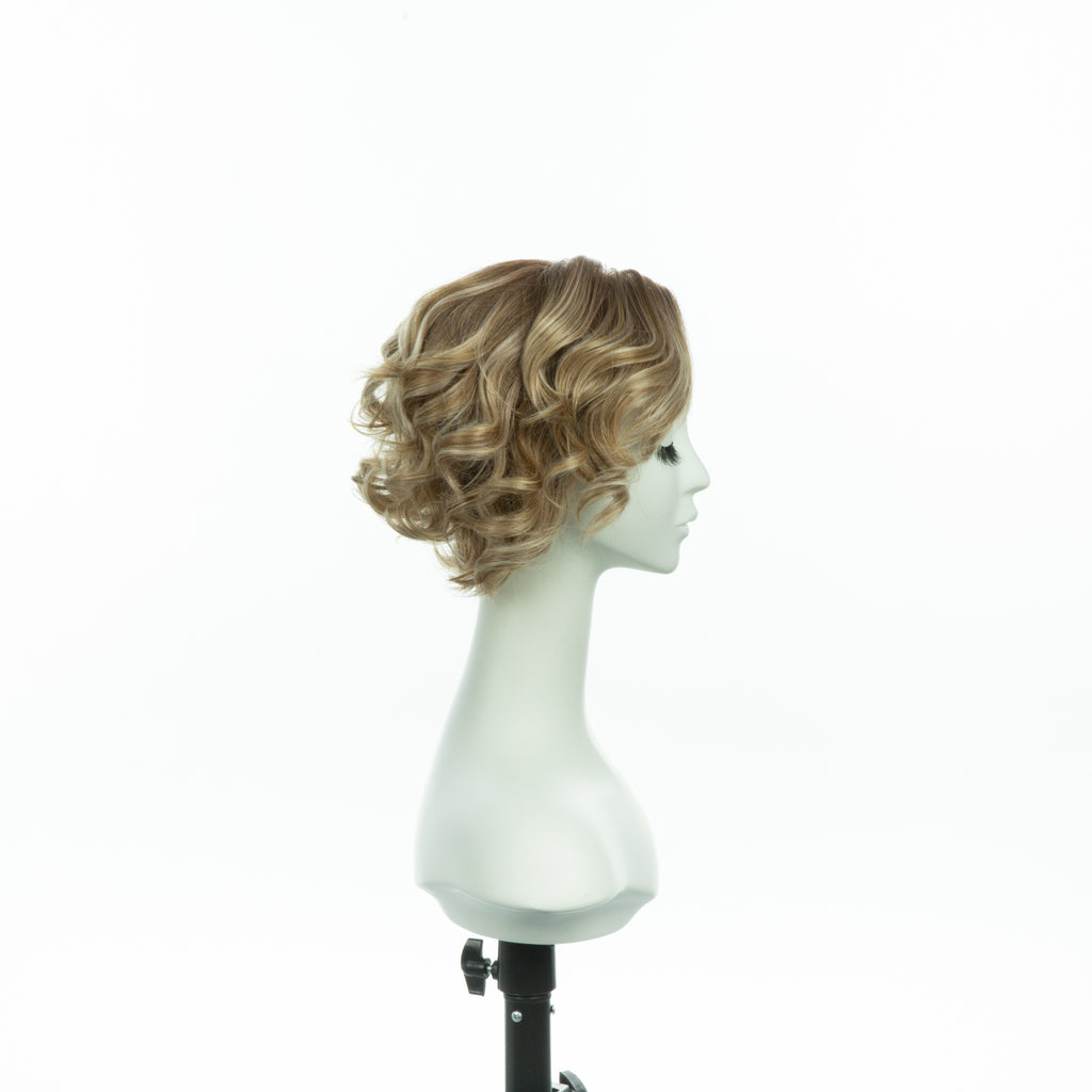 7-inch pearl blonde curly bob wig, profile facing right