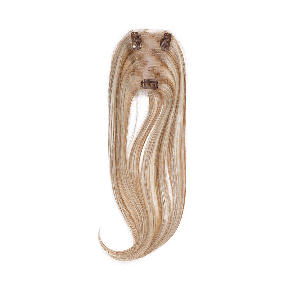 14-inch beige blonde highlights straight hair topper, additional underside view with a base detail inset