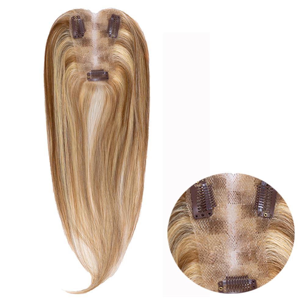 14-inch honey blonde straight hair topper with an inset close-up of the base and clips