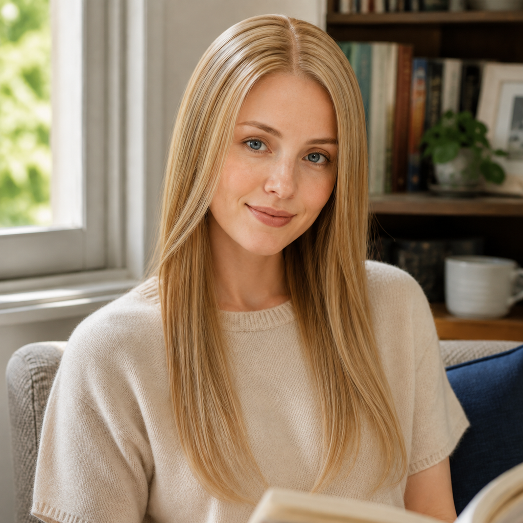 14-inch honey blonde straight hair topper worn reading beside a window