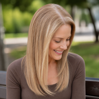 14-inch honey blonde straight hair topper worn seated in a park