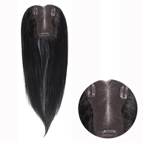 14-inch black straight hair topper with an inset close-up of the base and clips