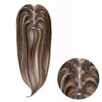 14-inch caramel brown straight hair topper with an inset close-up of the base and clips