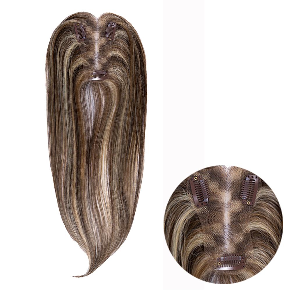 14-inch caramel brown straight hair topper with an inset close-up of the base and clips