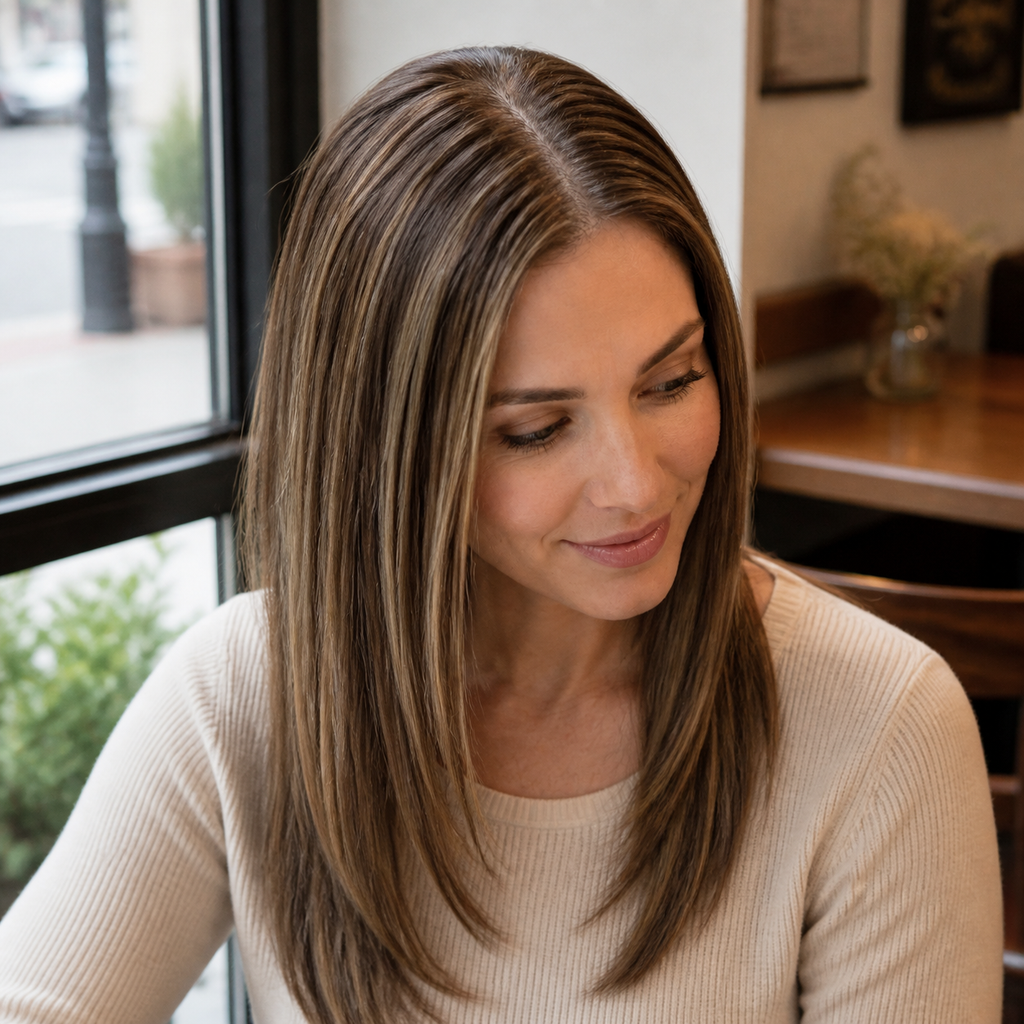 14-inch caramel brown straight hair topper worn at a kitchen counter