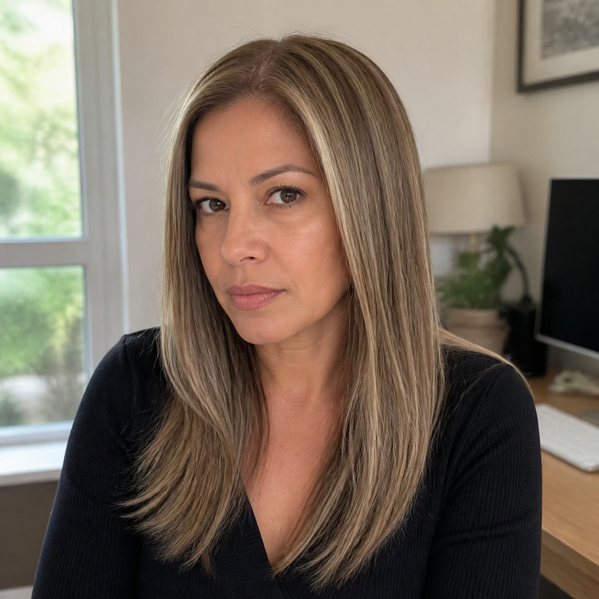 14-inch caramel brown straight hair topper worn in a sunlit home office