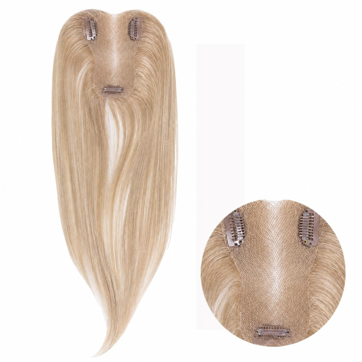 14-inch pastel blonde blend straight hair topper with an inset close-up of the base and clips