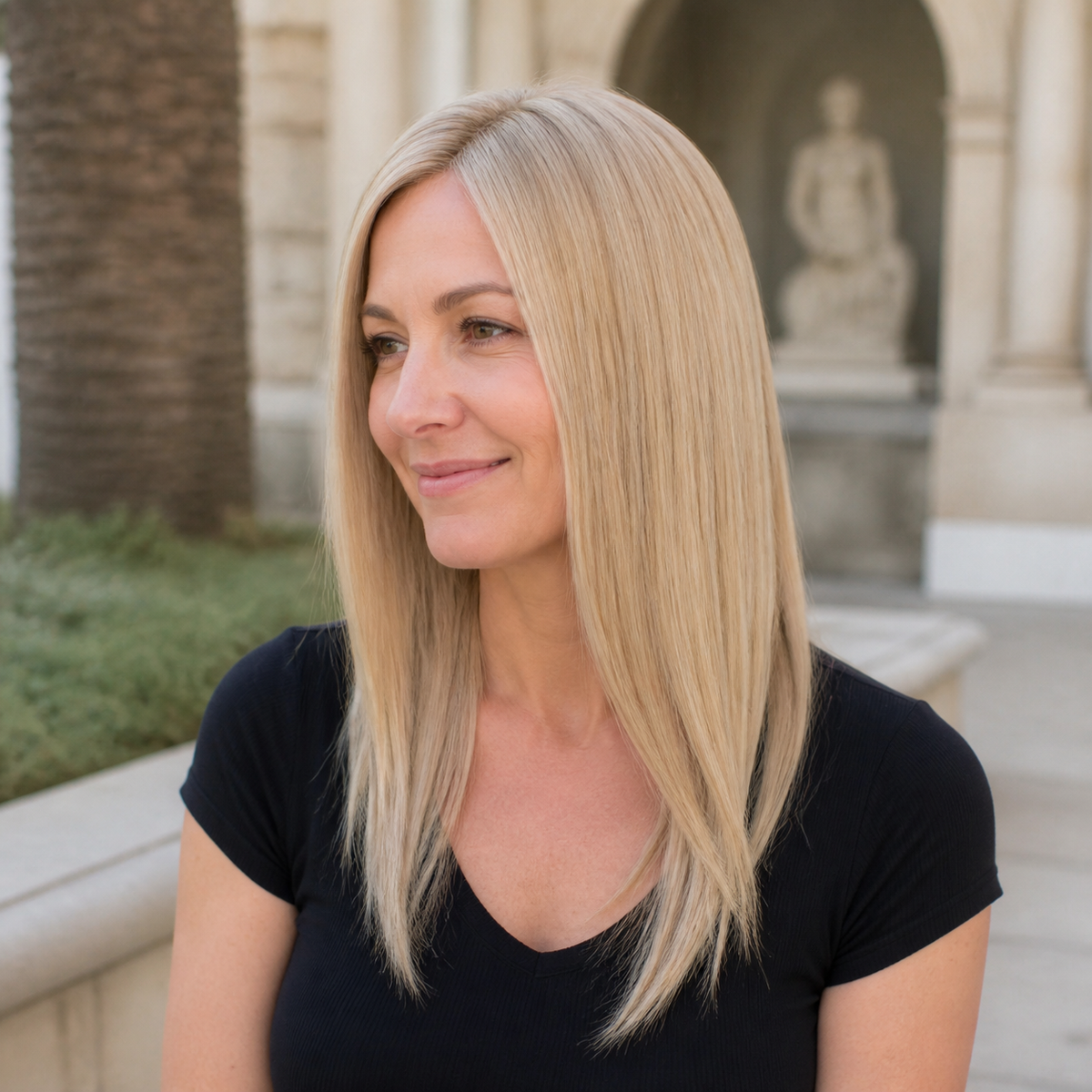 14-inch pastel blonde blend straight hair topper worn in a stone courtyard