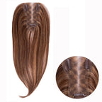 14-inch copper straight hair topper with an inset close-up of the base and clips