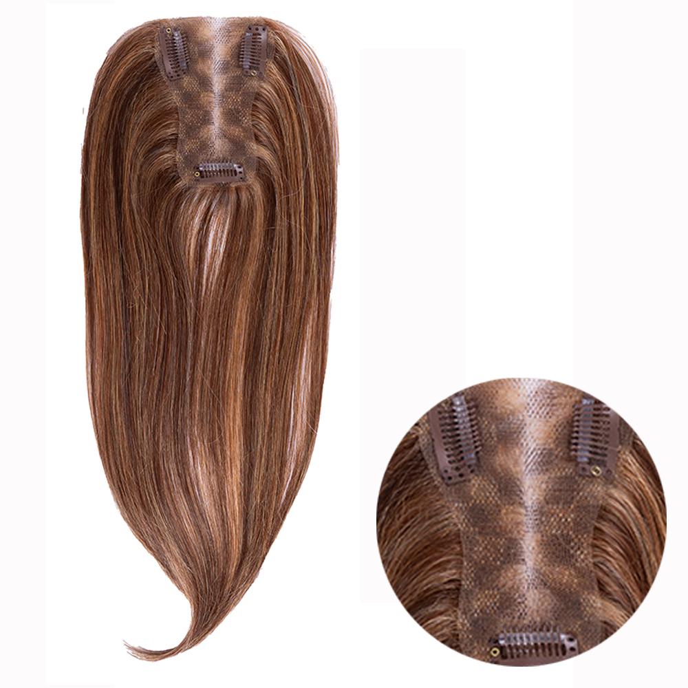 14-inch copper straight hair topper with an inset close-up of the base and clips