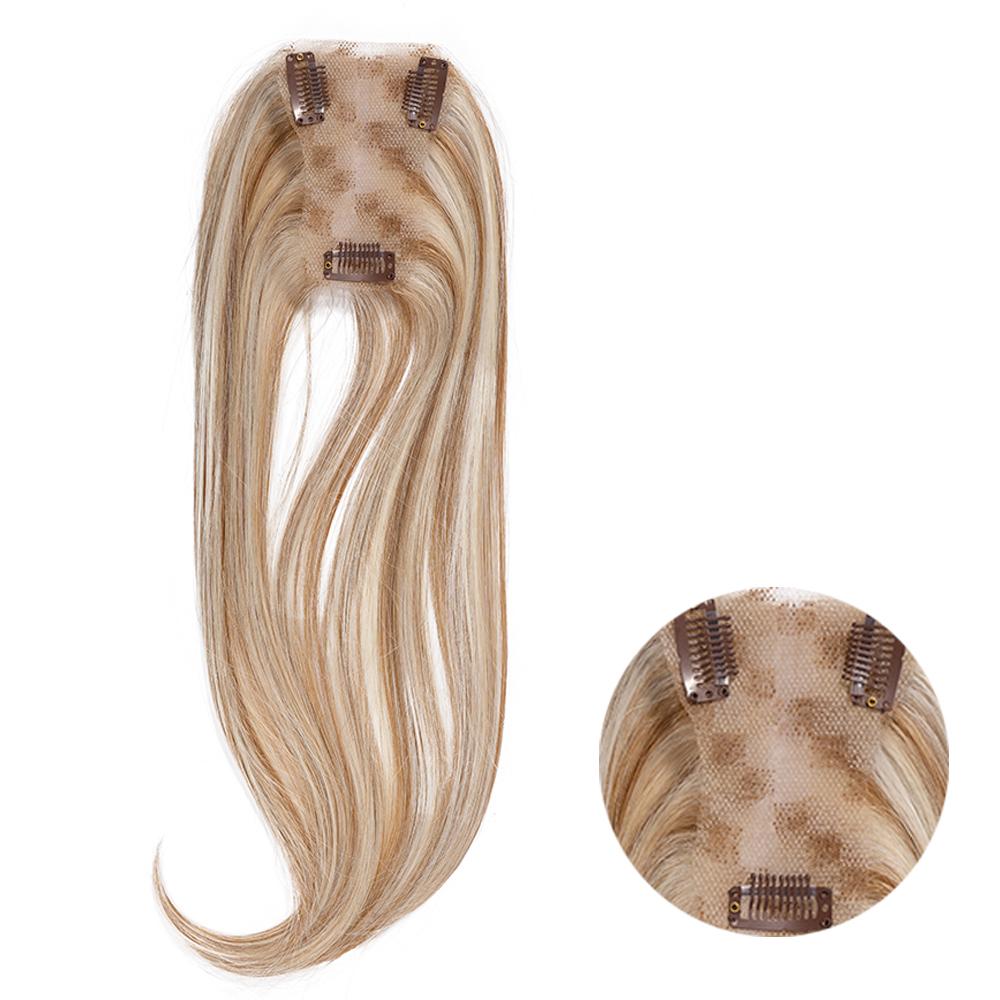 14-inch beige blonde highlights straight hair topper with an inset close-up of the base and clips