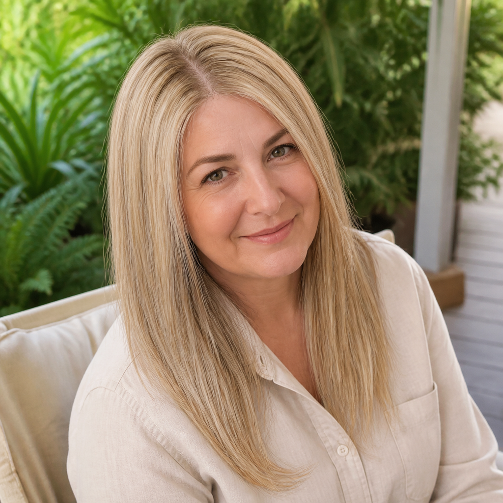 14-inch beige blonde highlights straight hair topper worn on a leafy terrace