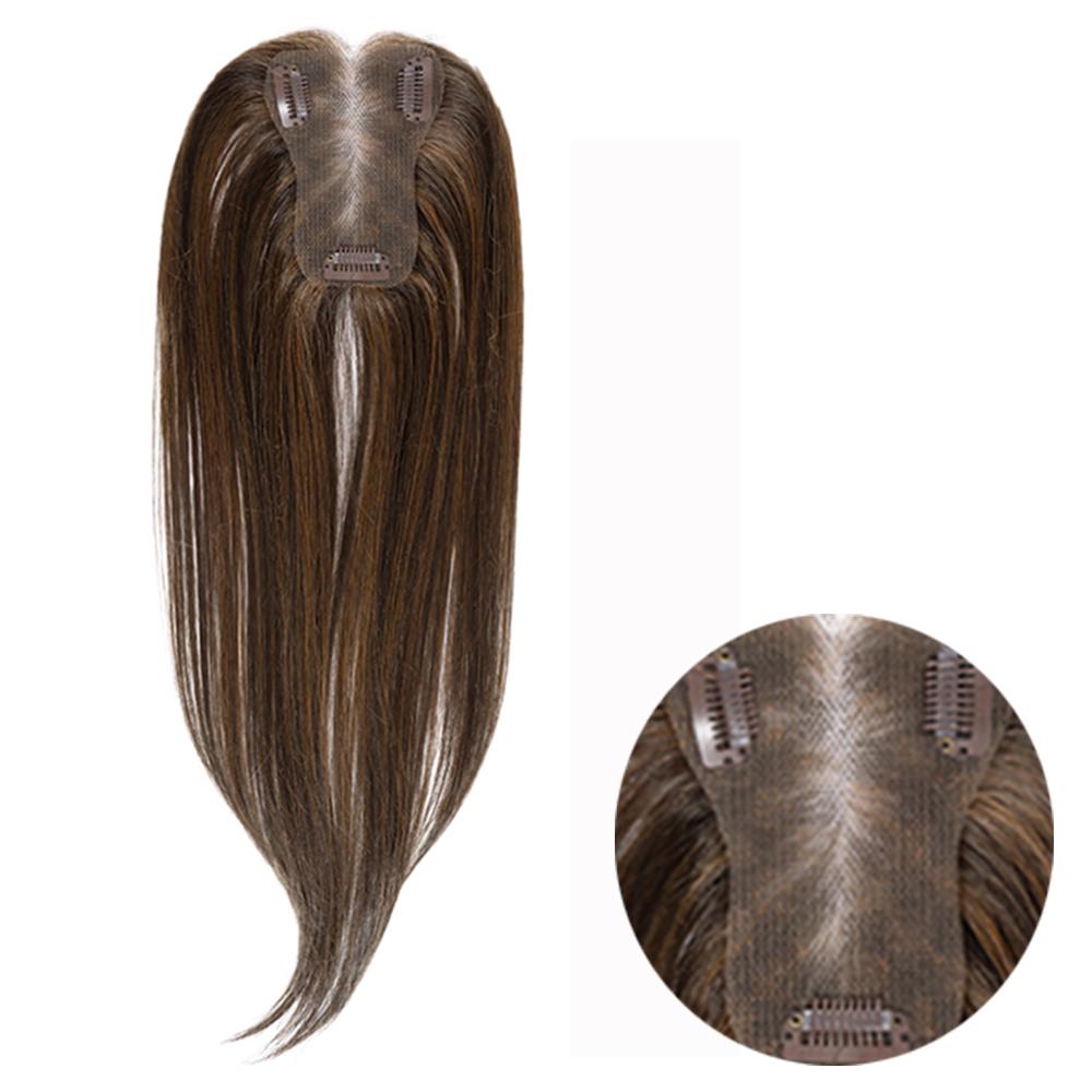 14-inch chocolate brown straight hair topper with an inset close-up of the base and clips