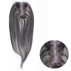 14-inch grey straight hair topper with an inset close-up of the base and clips