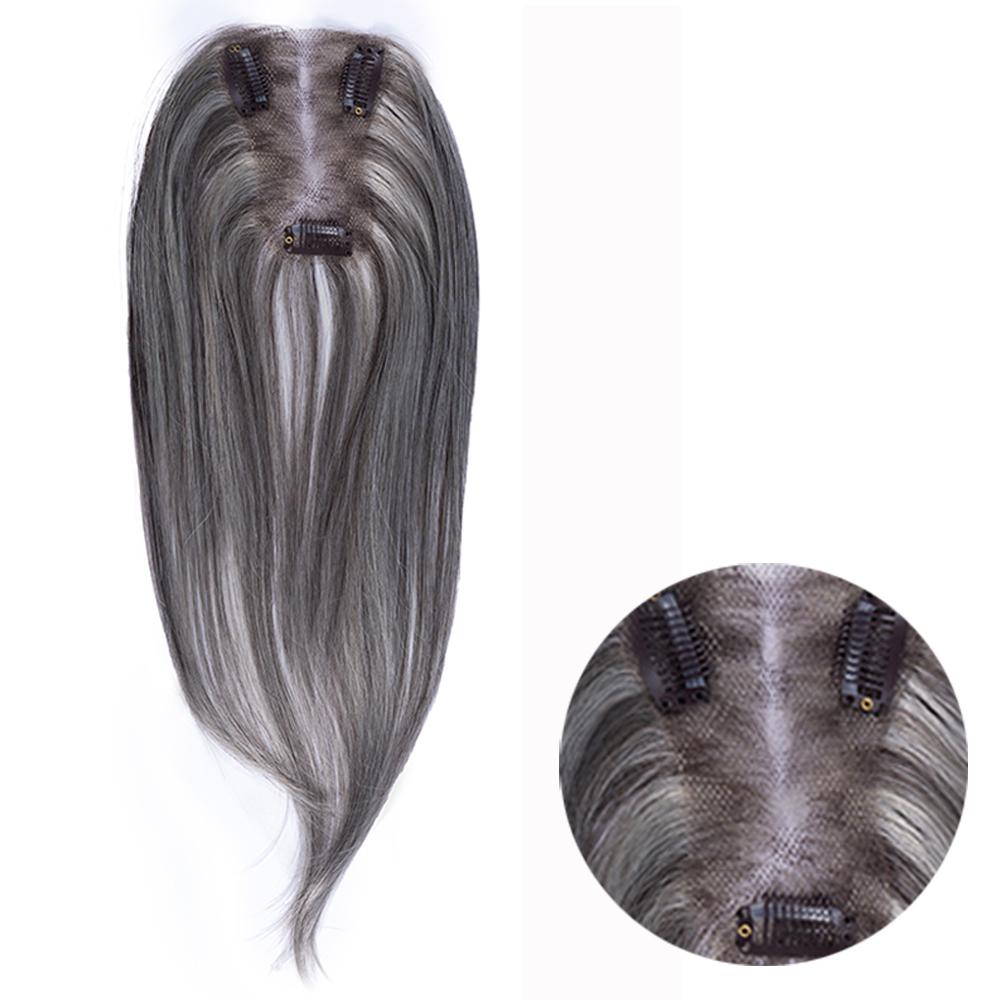 14-inch grey straight hair topper with an inset close-up of the base and clips