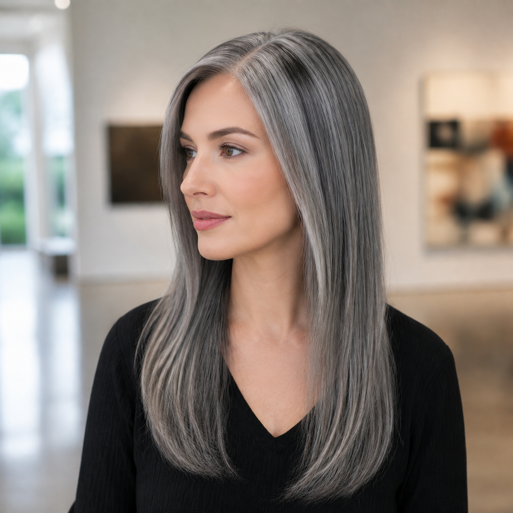 14-inch grey straight hair topper worn seated indoors