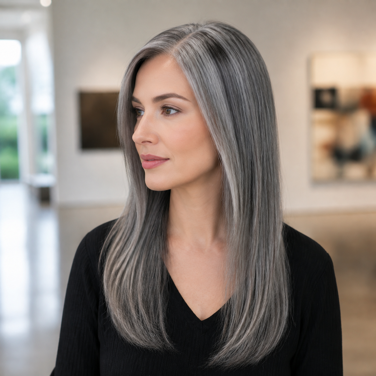 14-inch grey straight hair topper worn seated indoors