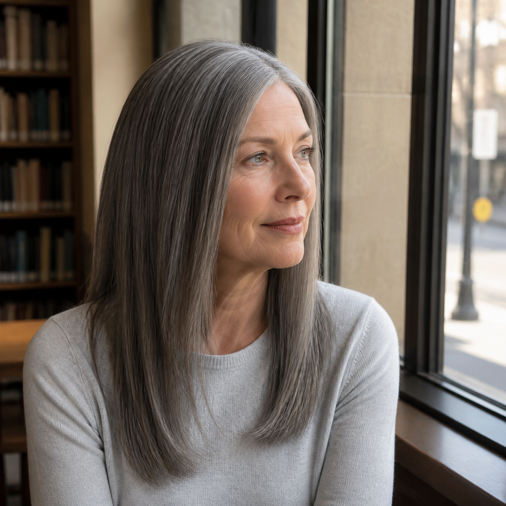14-inch grey straight hair topper worn beside a bookshop window