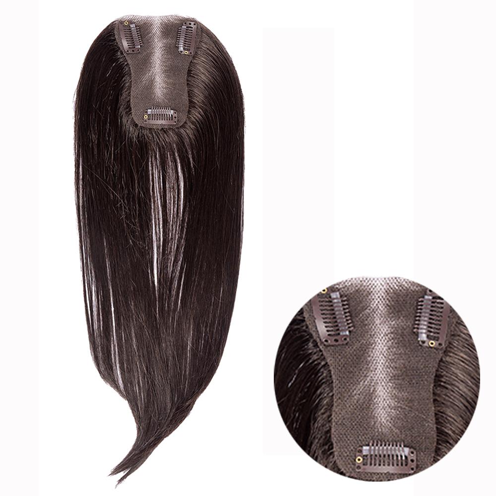 14-inch dark brown straight hair topper with an inset close-up of the base and clips