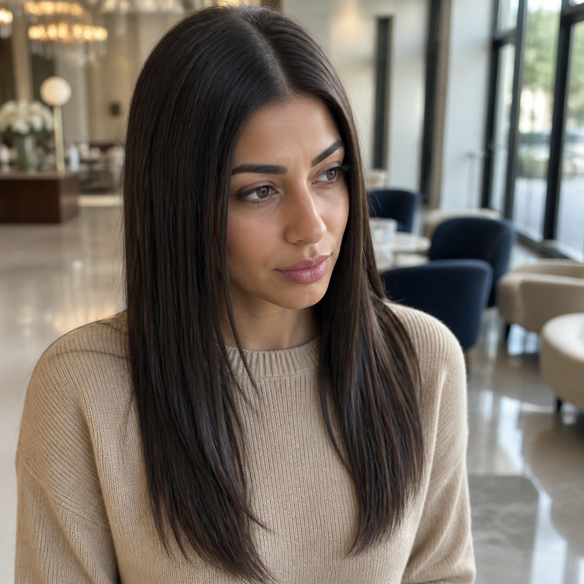 14-inch dark brown straight hair topper worn in a hotel lounge