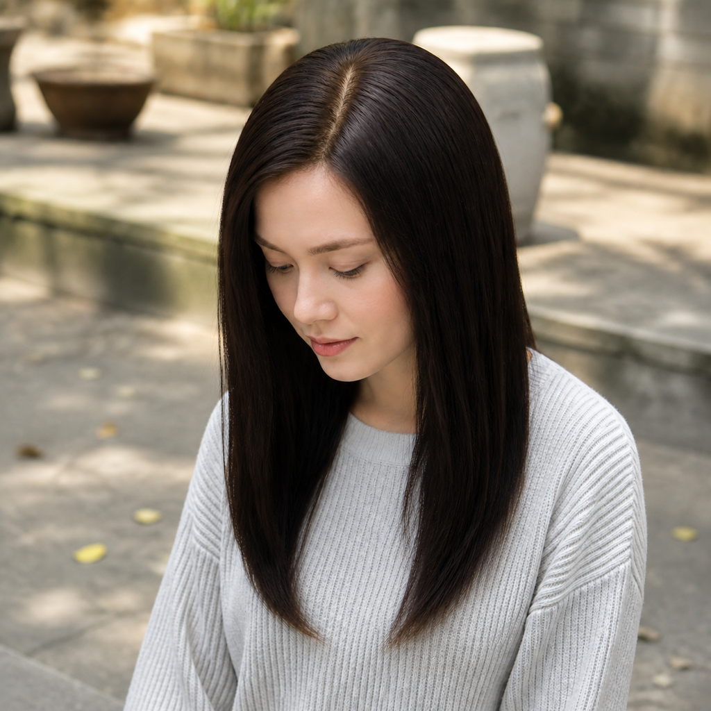 14-inch dark brown straight hair topper worn on a tree-lined path