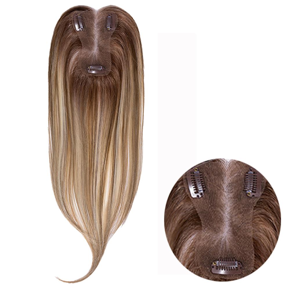 14-inch rooted champagne blonde straight hair topper with an inset close-up of the base and clips