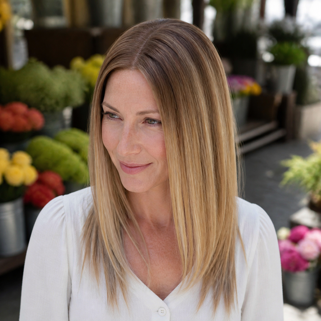 14-inch rooted champagne blonde straight hair topper worn at a flower market