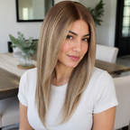 14-inch rooted champagne blonde straight hair topper worn at a kitchen table