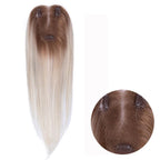 14-inch rooted platinum blonde straight hair topper with an inset close-up of the base and clips