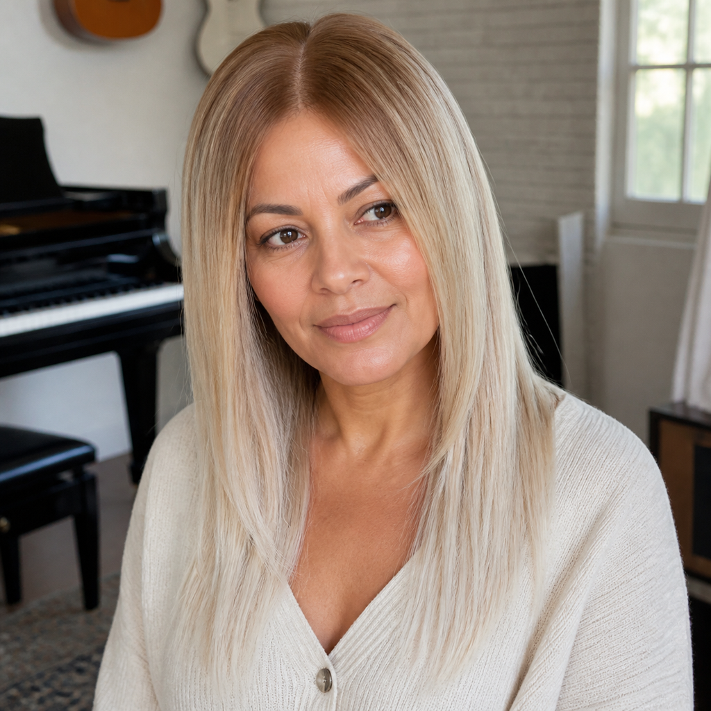 14-inch rooted platinum blonde straight hair topper worn in a music room