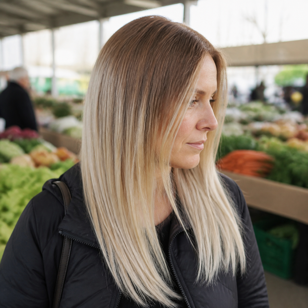 14-inch rooted platinum blonde straight hair topper worn at an outdoor market