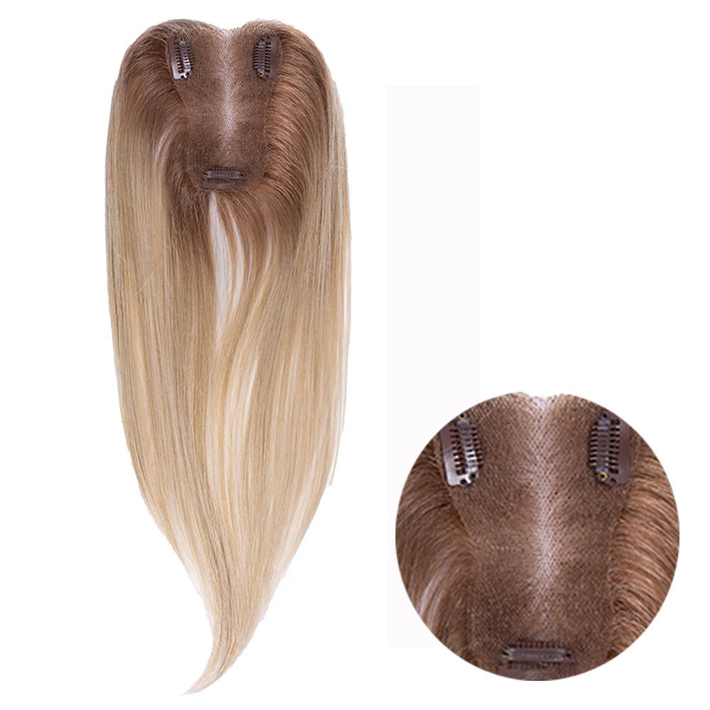 14-inch rooted pastel blonde straight hair topper with an inset close-up of the base and clips