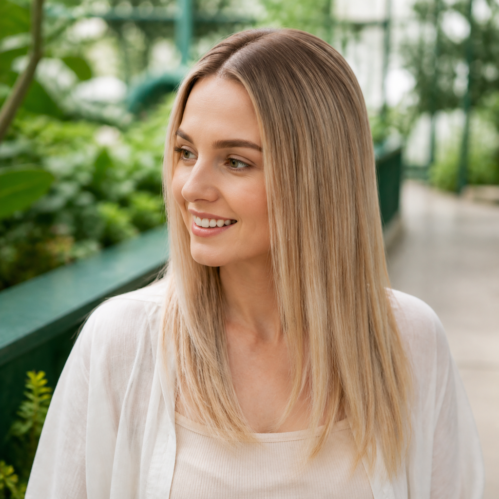 14-inch rooted pastel blonde straight hair topper worn in a conservatory