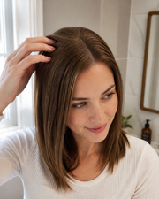 Model wearing a 14-inch straight synthetic hair topper