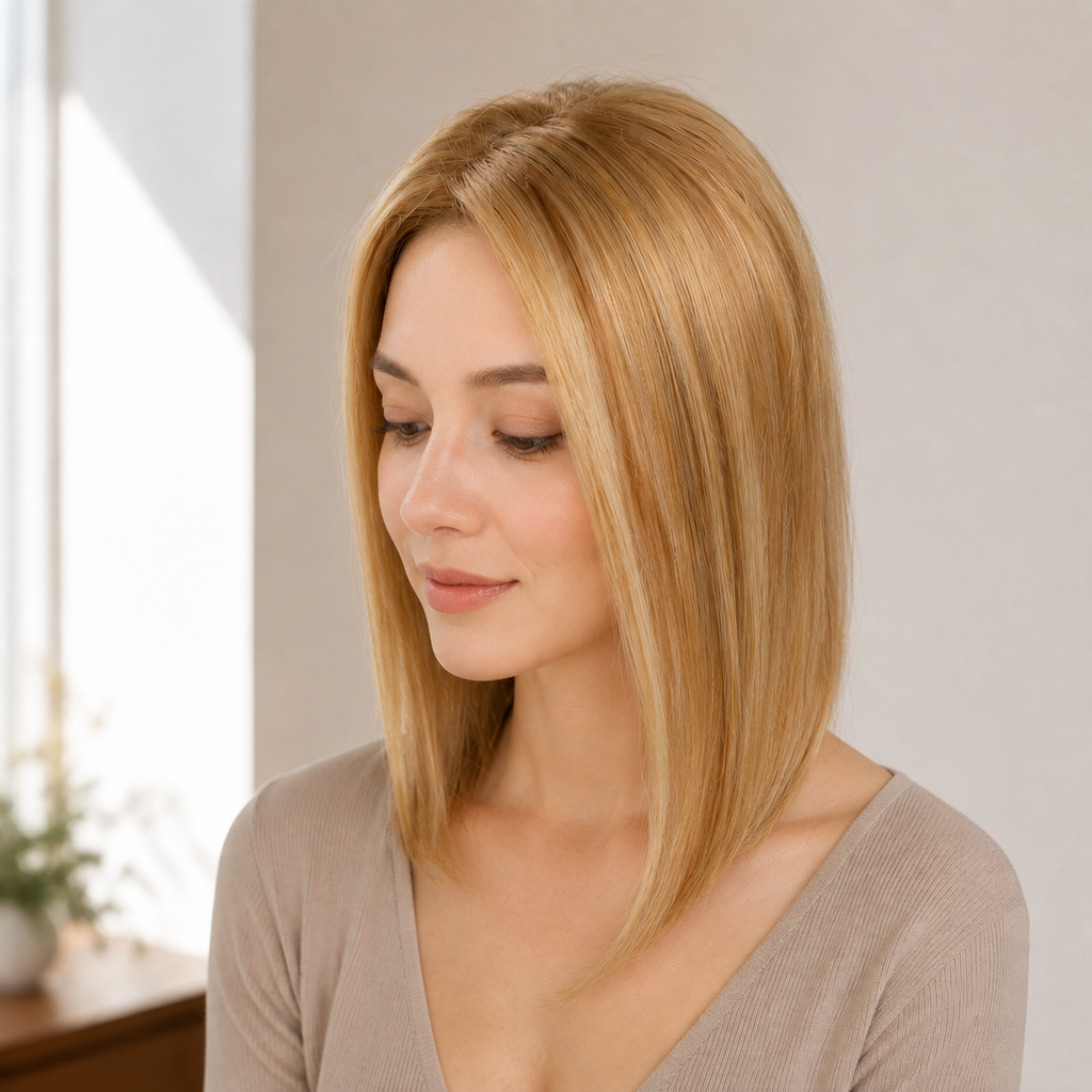 14-inch honey blonde straight hair topper worn beside a bright window
