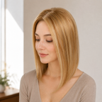 14-inch honey blonde straight hair topper worn beside a bright window