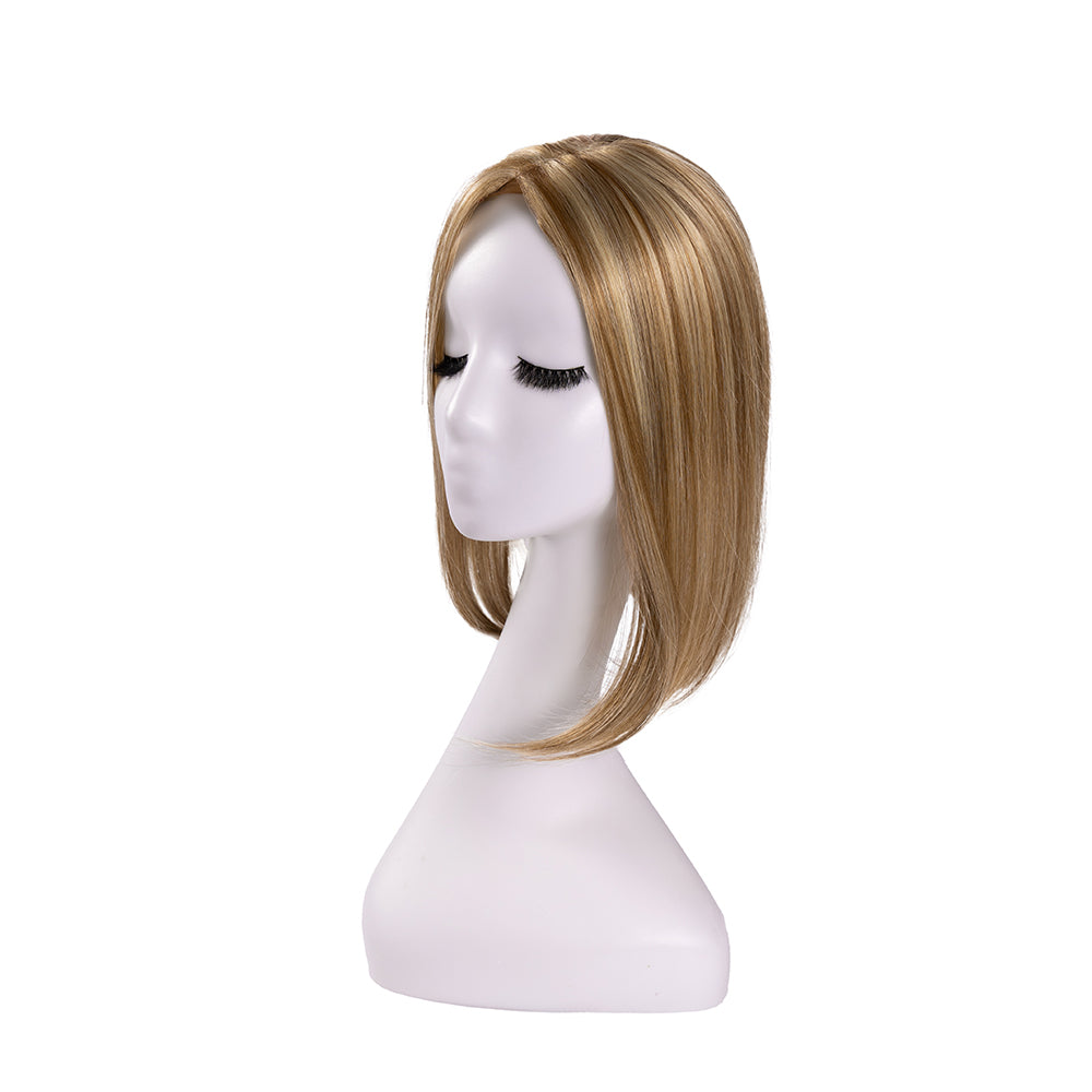 14-inch champagne blonde straight hair topper on a mannequin, showing the parting and shape