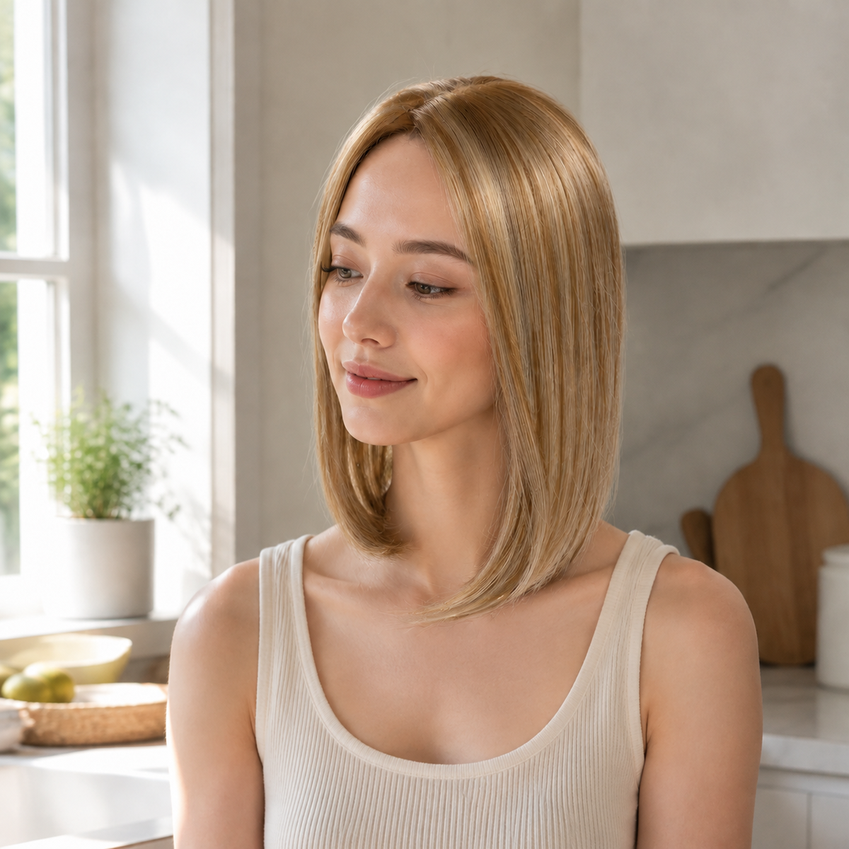 14-inch champagne blonde straight hair topper worn in a sunlit kitchen