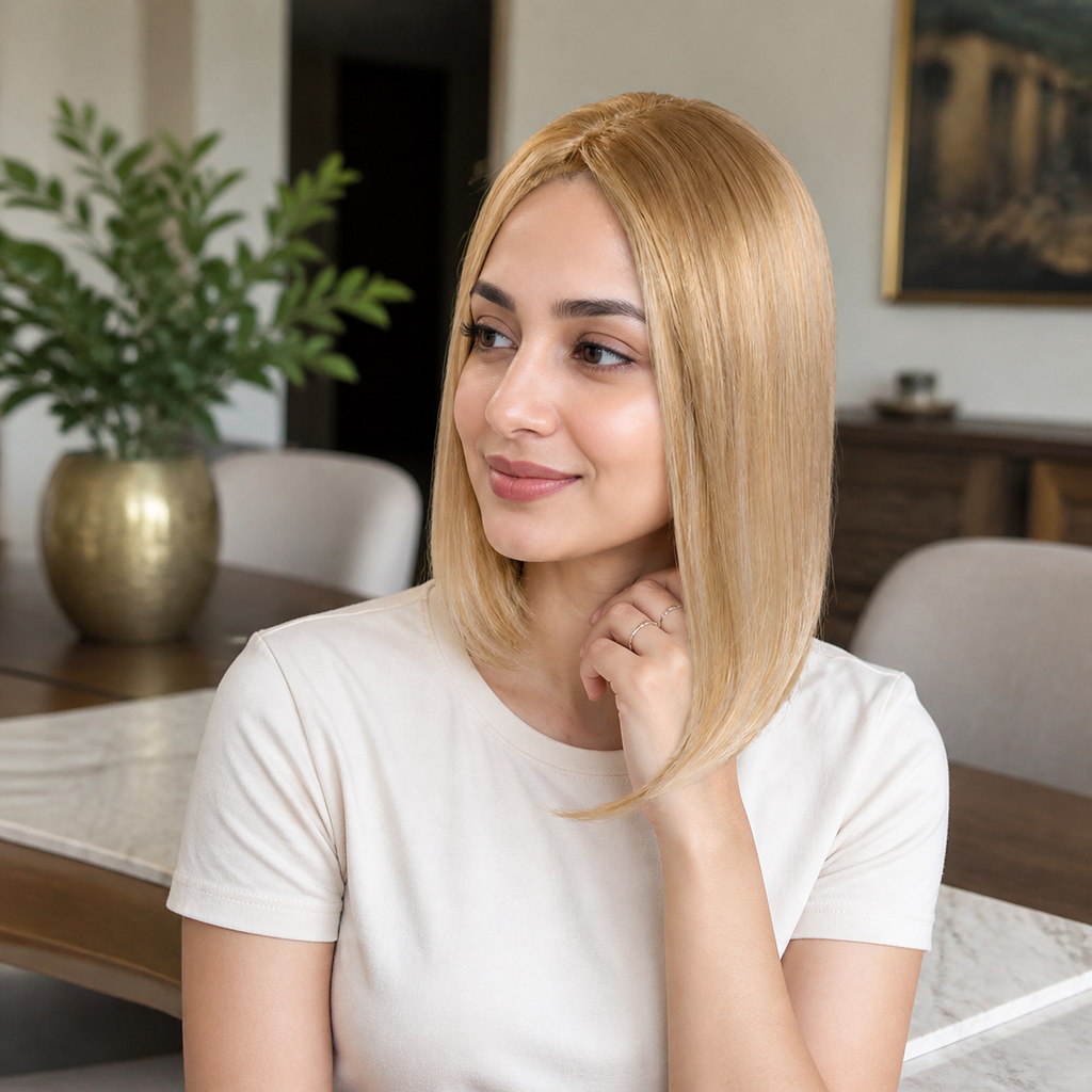 14-inch pastel blonde straight hair topper worn seated indoors