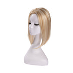 14-inch beige blonde highlights straight hair topper on a mannequin, showing the parting and shape