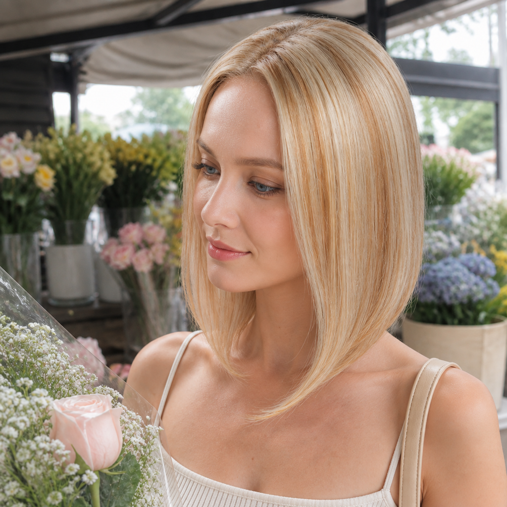14-inch beige blonde highlights straight hair topper worn beside flowers in a greenhouse