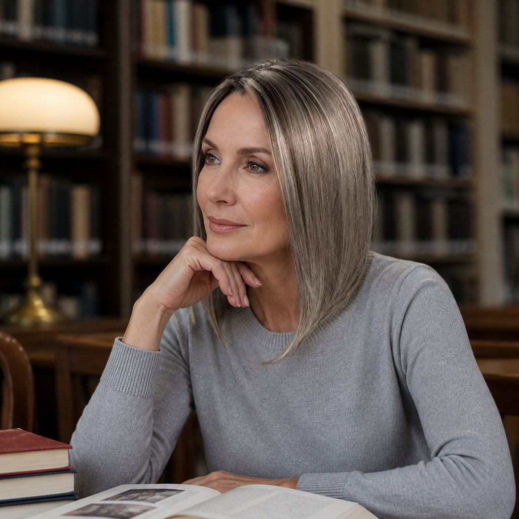 14-inch grey straight hair topper worn seated in a library