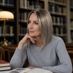 14-inch grey straight hair topper worn seated in a library
