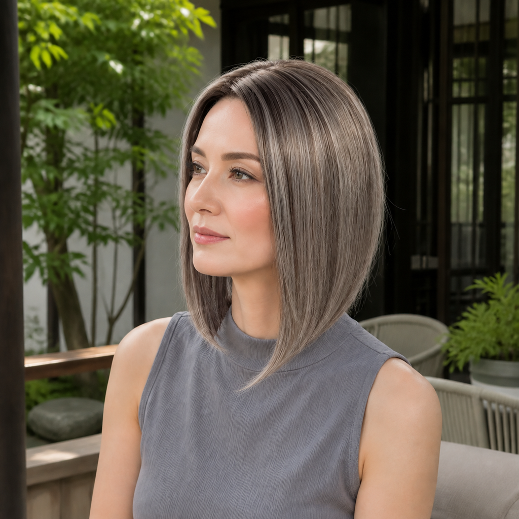 14-inch grey straight hair topper worn in a garden courtyard