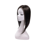 14-inch black straight hair topper on a mannequin, showing the parting and shape
